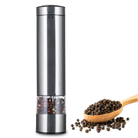 Venta al por mayor de utensilios de cocina, molinillo automático de sal del Himalaya con luz LED y rotor de cerámica, molinillo eléctrico de sal y pimienta con logotipo personalizado.