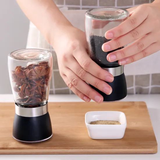 Molinillo de sal y pimienta manual con núcleo de cerámica ajustable, el más vendido, con botella de vidrio.