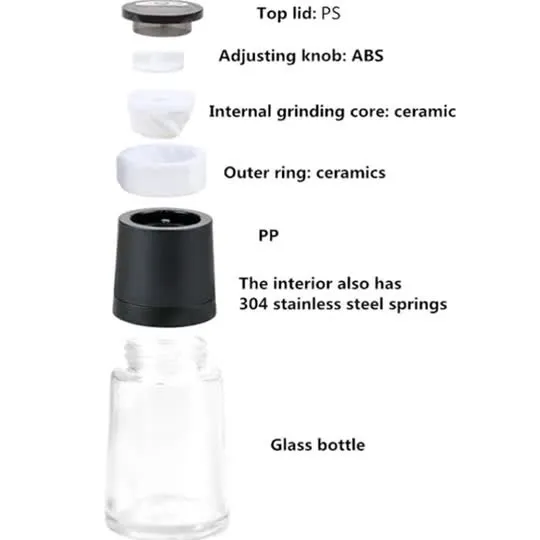 Molinillo de sal y pimienta de vidrio de 120 ml con tapa de cerámica